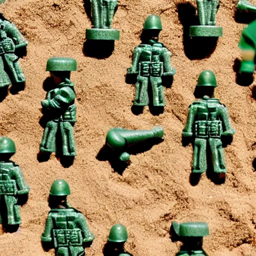 Image similar to toy army men, melting in a sandbox on a summers day