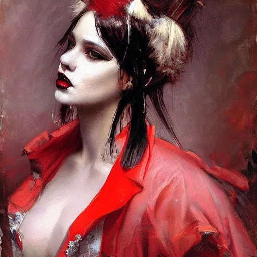 Image similar to Solomon Joseph Solomon and Richard Schmid and Jeremy Lipking victorian genre painting portrait painting of a young beautiful woman punk rock goth with punk rock haircut in fantasy costume, red background