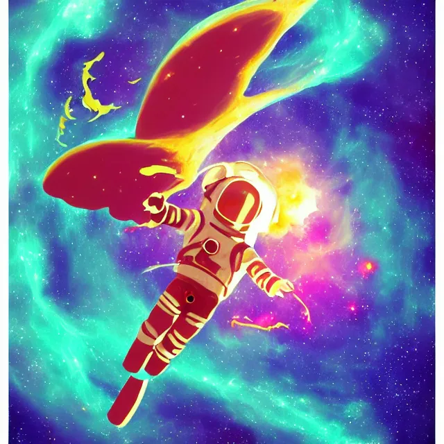 Image similar to a astronaut demon with wings in a nebula explosion, pixel art, pixel, cute, pastel.