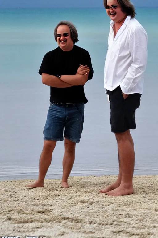 Prompt: Braco the gazer wearing a white shirt is on the beach with a different man who looks like john belushi, laughing