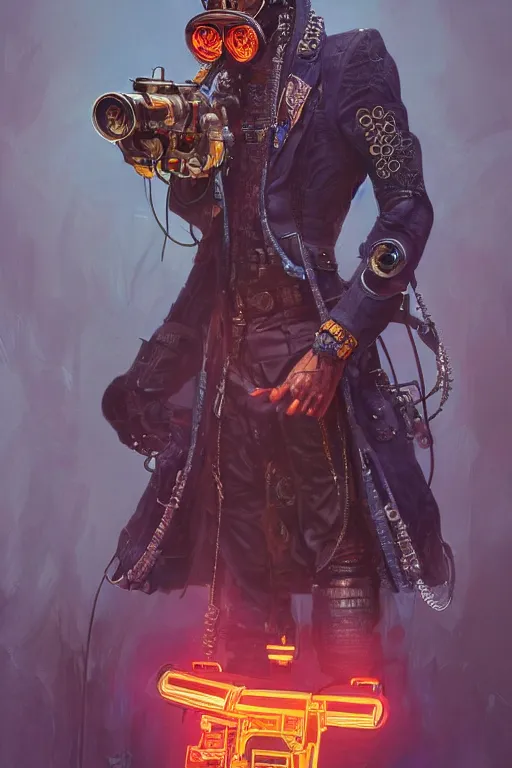 Image similar to snoop dog as a steampunk cyborg gunslinger, portrait, cyber western, neon, duster, fantasy, intricate, elegant, highly detailed, digital painting, artstation, concept art, sharp focus, illustration, art by artgerm and greg rutkowski and alphonse mucha