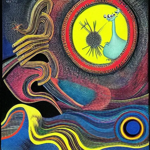 Image similar to empty black void, extremely detailed intricate colorful masterpiece by dr. seuss and max ernst