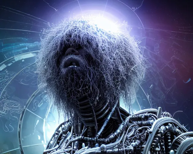 Image similar to realistic textured magnetosphere, beautiful hairy humanoids, love, joy, complex cybernetic beings, glowing hair, vortexes, large array, ornate hair, cinematic light shadows, wet hdr refractions, insanely detailed, cybernetic civilizations, 8 k, * * * * *