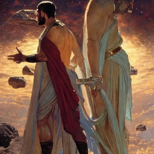 Image similar to popular STAR TREK movie scene in ancient Greece, (SFW) safe for work, photo realistic illustration by greg rutkowski, thomas kindkade, alphonse mucha, loish, norman rockwell