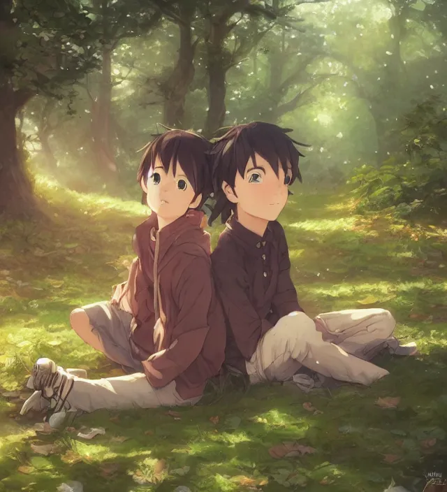 Image similar to a close up of a boy and a girl sitting together in a forest. cute anime eyes. by makoto shinkai, stanley artgerm lau, wlop, rossdraws, james jean, andrei riabovitchev, marc simonetti, krenz cushart, sakimichan, trending on artstation, digital art.