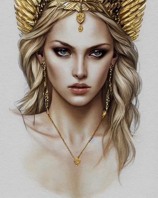 Image similar to tattoo sketch of hot blonde super model as aphrodite greek goddess wearing a gold laurel wreath and triangle earrings, beautiful piercing gaze with sharp pupils, in the style of greg rutkowski, fantasy, amazing detail, epic, elegant, smooth, sharp focus, front view