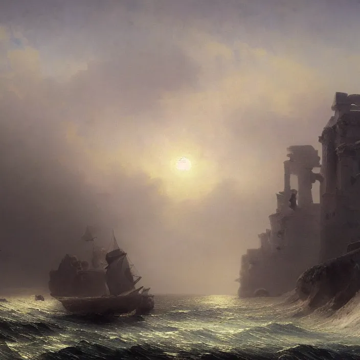 Image similar to a beautiful painting of ruins on the sea by ivan aivazovsky and zdzisław beksinski and rene magritte and greg rutkowski and james gurney, in style of digital art. hyper detailed, sharp focus, soft light. octane render. ray tracing. trending on artstation