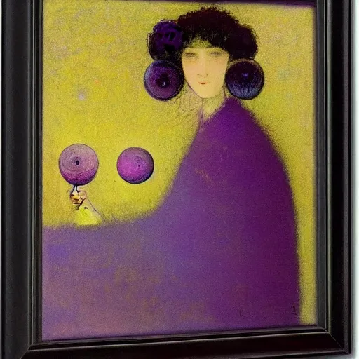 Image similar to a girl with three eyes on 5 translucent luminous spheres, full of floral and berry fillings, in an ocean of lavender color by odilon redon