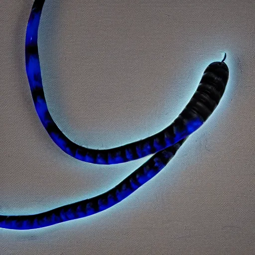 Image similar to studio photograph of a matte dark gray worm with a neon blue head and tail