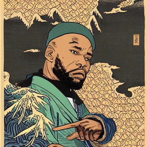 Prompt: Masta Killa from Wu-tang Clan rapping, portrait, style of ancient text, hokusai