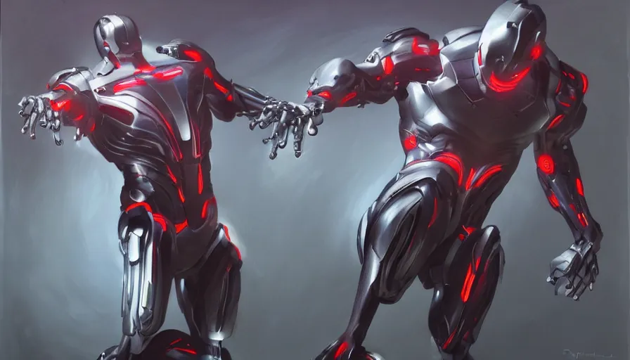 Image similar to ultron created by tesla, oil painting by jama jurabaev, dynamic pose, trending on artstation, high quality, brush stroke, for aaa game