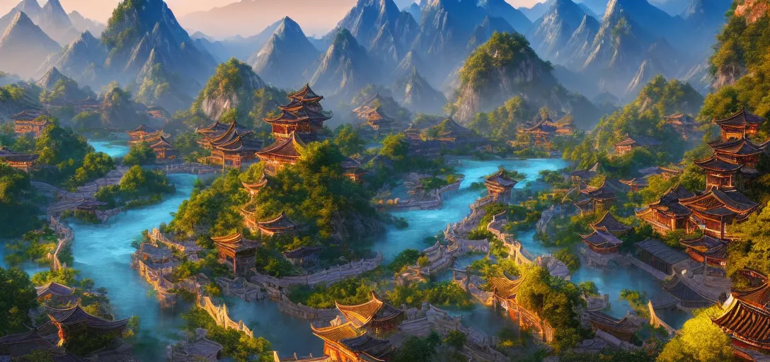 Image similar to epic view of beautiful ancient chinese city, clear blue skies, winding rivers, there are mountains and hills in the far background distance, unreal engine, dramatic lighting, detailed, ambient occlusion, global illumination, god rays, 3 d artstation render by greg rutowski and jessica rossier