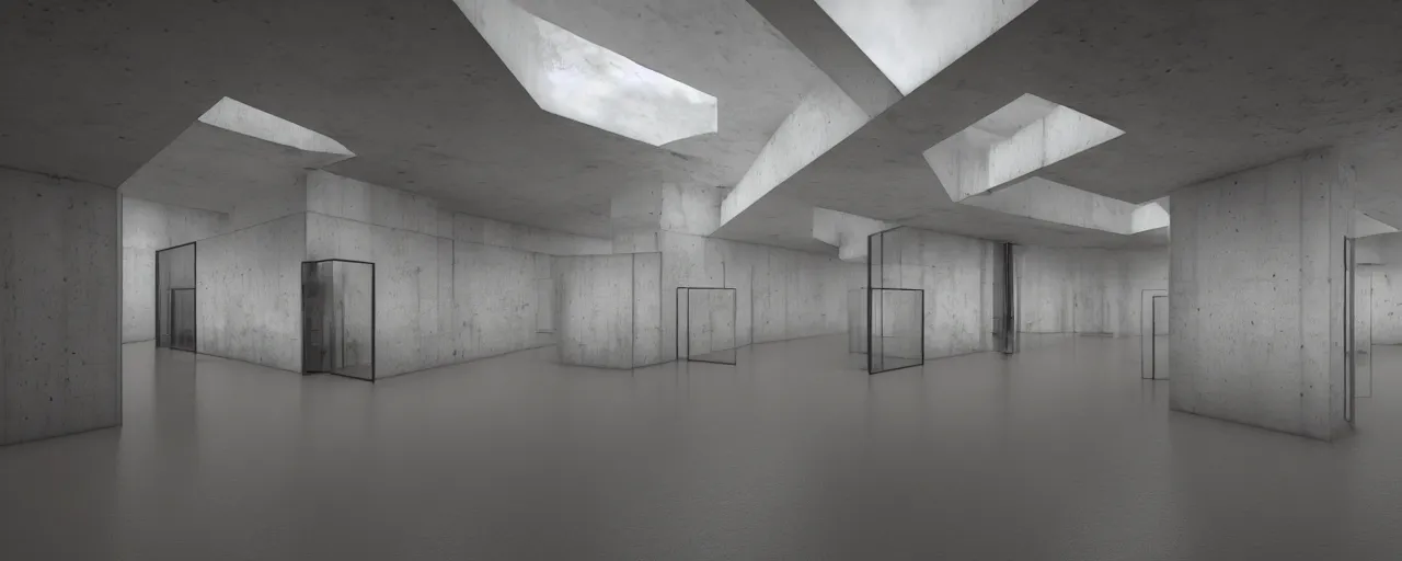 Prompt: White brutalist artistic art gallery with empty frames on the wall, stunning volumetric light, sunset, metal, concrete and translucent material, stunning lights, majestic architecture, trending on Artstation, 8k, photorealistic, hyper detailed, unreal engine 5, IMAX quality, cinematic, epic lighting, in the style of Greg Rutkowski