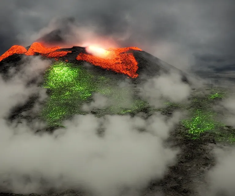 Image similar to a metallic volcano, post - apocalyptic world, green lava, steam, fog, grey skies