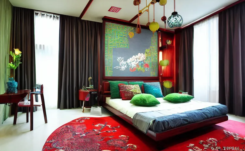 Image similar to a retro futuristic bedroom, chinese style, bright, feng shui, earth colors, wood, plants, cupboards, bed, curtains, minimalistic, art nouveau