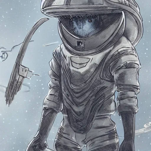 Image similar to a hunter from bloodborne wearing a spacesuit on a space station, retrofuturism, by malcolm smith, concept art by yoshiyuki tomino, behance contest winner, toonami, redshift, official art