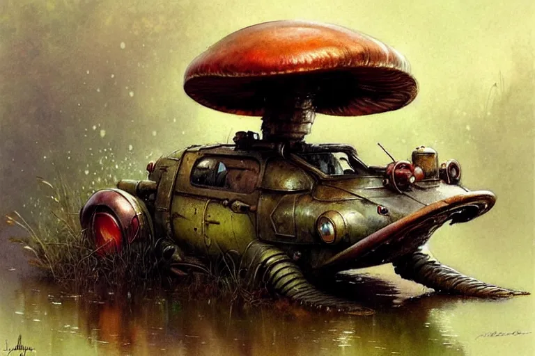 Prompt: adventurer ( ( ( ( ( 1 9 5 0 s retro future robot mouse amphibious vehical home. muted colors. swamp mushrooms ) ) ) ) ) by jean baptiste monge!!!!!!!!!!!!!!!!!!!!!!!!! chrome red