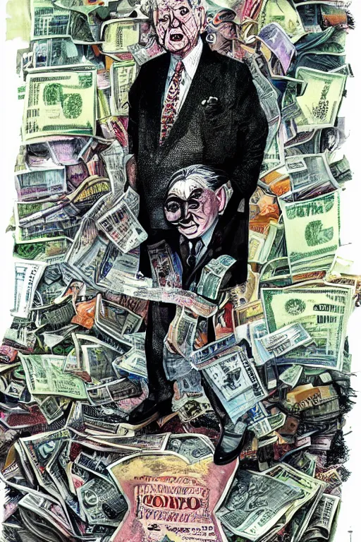 Image similar to George Soros full body shot, dollar bills Body horror, biopunk, by Ralph Steadman, Francis Bacon, Hunter S Thompson