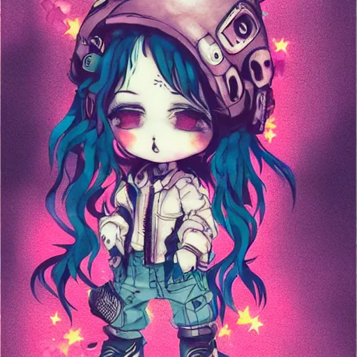 Image similar to portrait of a grungy skull anime and chibi very cute doll by super ss, cyberpunk fashion, nendoroid, kawaii, curly pink hair, night sky, looking up, swirly clouds, neon yellow stars, by wlop, james jean, victo ngai, muted colors, highly detailed