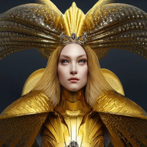 Image similar to a beautiful angel with a golden helmet wearing a silver armor with golden ornaments and diamonds jewelry, wings by alex gray and android jones, karol bak, ayami kojima, amano, concept art, character design, fantasy, 3 d, 8 k resolution