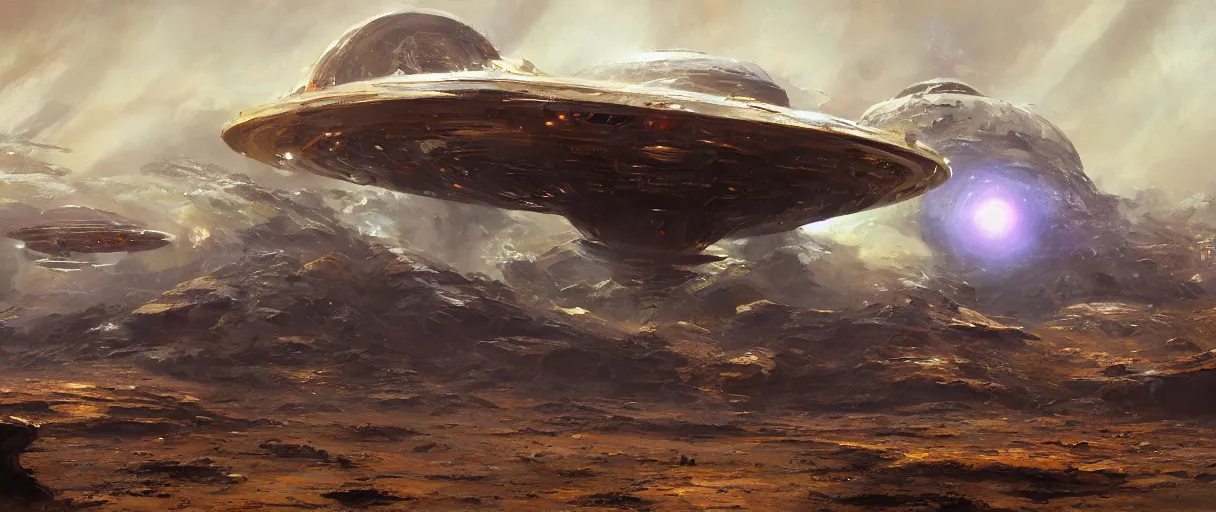 Prompt: An oil painting of an alien starship by Craig Mullins