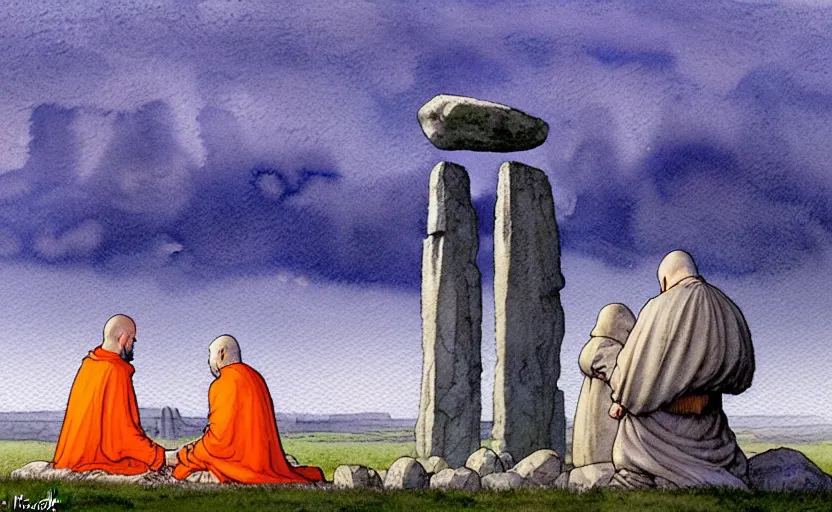 Prompt: a hyperrealist watercolour character concept art portrait of one small grey medieval monk and another giant orange medieval monk kneeling down in prayer in front of a complete stonehenge monument on a misty night. a huge stone is in the sky. by rebecca guay, michael kaluta, charles vess and jean moebius giraud