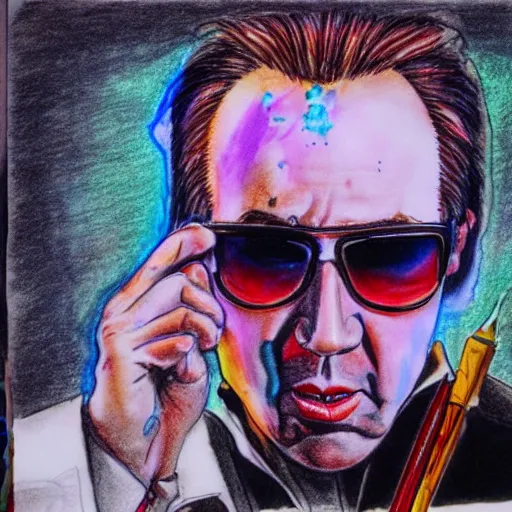 Image similar to Nicholas Cage in Fear and Loathing in Las Vegas, detailed ballpoint drawing with water color background