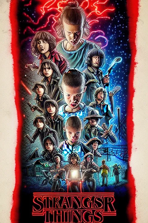 Image similar to Poster for the 5th season of Stranger Things, Demons, horror, pure evil, Series on Netflix, disaster, Hawkins, Vecna, Movie poster, poster, design, illustrative, Symmetry, Symmetrical, Border, Framed