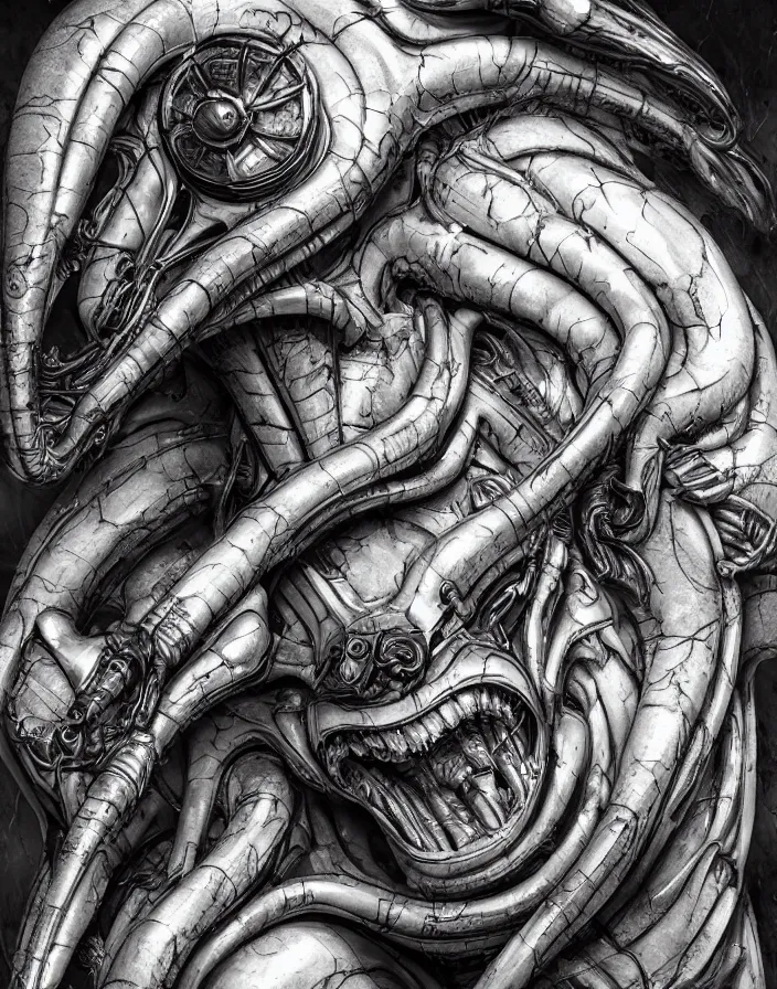 Image similar to engineer prometheus face, xenomorph alien face, highly detailed, symmetrical long head face, smooth marble surfaces, detailed ink illustration, raiden metal gear, cinematic smooth stone, deep aesthetic, concept art, post process, 4k, carved marble texture and silk cloth, latex skin, highly ornate intricate details, prometheus, evil, moody lighting, hr geiger, hayao miyazaki, indsutrial Steampunk