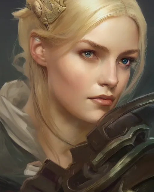 Image similar to '' Portrait of Beautiful blonde Slavic woman in her early 30’s, league of legends, LOL, fantasy, d&d, digital painting, artstation, concept art, sharp focus, illustration, art by greg rutkowski and alphonse mucha ''