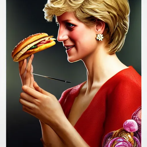 Image similar to portrait of a Princess Diana eating a hamburger, extra onions and ketchup, luscious patty with sesame seeds, masculine, handsome, D&D, fantasy, intricate, elegant, highly detailed, digital painting, artstation, concept art, matte, sharp focus, illustration, art by Artgerm and Greg Rutkowski and Alphonse Mucha