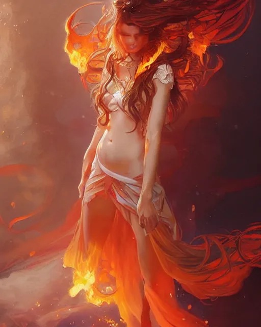 Image similar to beautiful long haired girl, fire dress, full body photo, flames everywhere, highly detailed, digital painting, artstation, concept art, smooth, sharp focus, illustration, art by artgerm and greg rutkowski and alphonse mucha