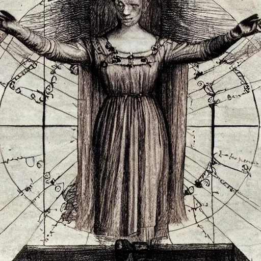 Image similar to drawing of elisabeth of austria in the style of the Vitruvian Man by Leonardo da Vinci