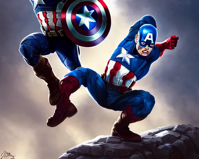 Prompt: photography of captain america action shot directed by steven spielberg, deep focus, d & d, fantasy, intricate, elegant, highly detailed, digital painting, artstation, concept art, matte, sharp focus, illustration, hearthstone, art by artgerm and greg rutkowski and alphonse mucha