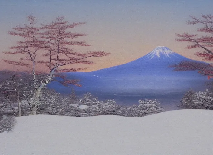 Image similar to hokkaido in winter, japan in the style of hudson river school of art, oil on canvas