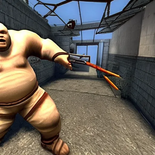 Image similar to a screenshot of a pudge inside a counter strike game, the pudge is holding a hook, the pudge is aiming at ogre magi