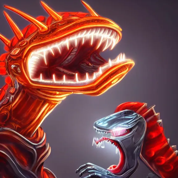 Image similar to close up mawshot of a cute elegant beautiful stunning hot anthropomorphic female robot dragon, with sleek silver metal armor, glowing OLED visor, facing the camera, the open dragon maw being highly detailed, with a gullet at the end and a long tongue, you looking into the maw, food pov, micro pov, vore, digital art, pov furry art, anthro art, furry, warframe art, high quality, 3D realistic, dragon mawshot art, maw art, macro art, micro art, dragon art, Furaffinity, Deviantart, Eka's Portal, G6