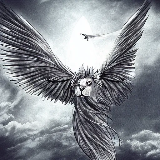 Prompt: a beautiful winged lion soaring through the sky, fantasy illustration