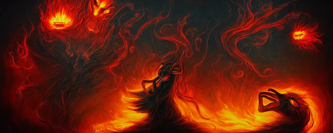 Image similar to whimsical fiery alchemical creatures, surreal dark uncanny painting by ronny khalil