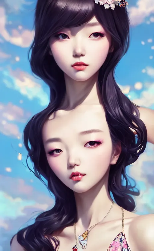 Image similar to a pin up and beautiful fashion charming dreamlke korea girl with lv jewelry, character art, art by artgerm lau and kyoung hwan kim and and ilya kuvshinov and john singer sargent, hyperdetailed, 8 k realistic, symmetrical, frostbite 3 engine, cryengine, dof, trending on artstation, digital art