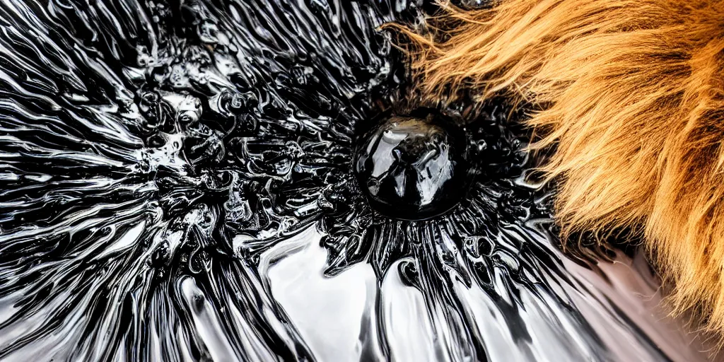 Prompt: a lion made of ferrofluid bathing inside the bathtub full of ferrofluid on a photography studio, dripping and drooling ferrofluid. dslr, wrinkles, ferrofluid, photography