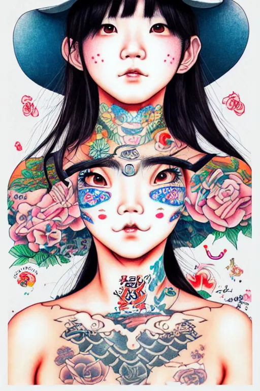 Prompt: full view of taiwanese girl with classic sailor tattoos wearing cowboy hat, style of yoshii chie and hikari shimoda and martine johanna, highly detailed