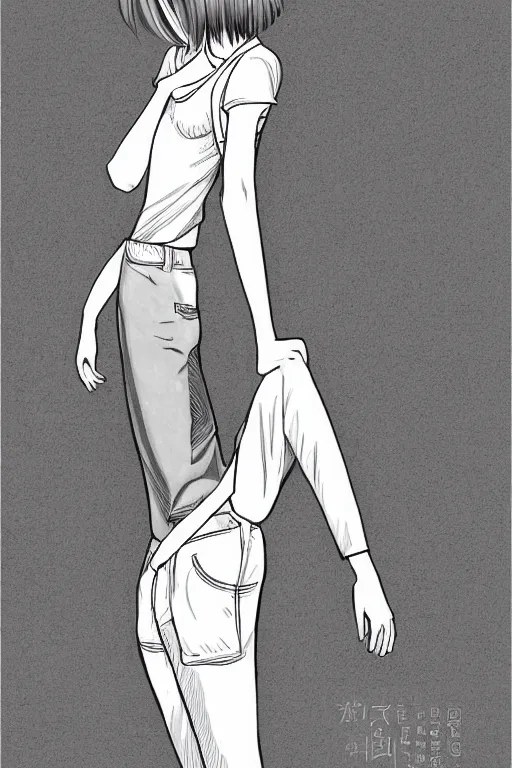 Image similar to portrait of a girl in long pants and a top, hands in pockets, eyes closed, bob haircut, digital art, black and white, lineart by kaoru mori