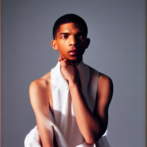 Image similar to realistic photoshoot for a new dior lookbook, color film photography, portrait of a beautiful model, in style of tyler mitchell, 35mm