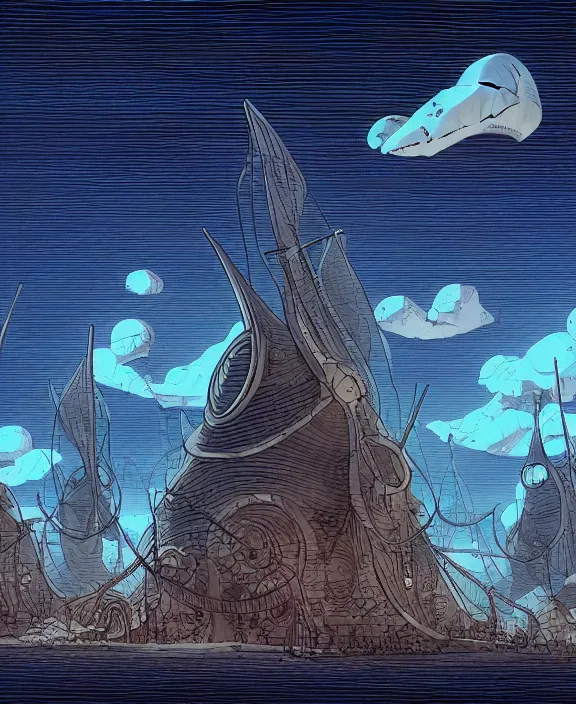 Image similar to simplicity, three buildings made out of nautilus, in the style of a spaceship, skeletons, partly cloudy, spooky, dramatic lighting, by geof darrow, bill sienkiewicz, dan mumford, yusuke murata, makoto shinkai, ross tran, cinematic, unreal engine, cel shaded, featured on artstation, pixiv