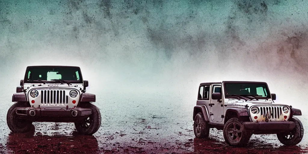 Image similar to a muddy 1997 hardtop white Jeep Wrangler drowning in quicksand, digital art, beautiful iridescent fog swallows the dirty swamp, gritty, cinematic, extraordinary colorful landscape, photorealistic, soft vintage glow