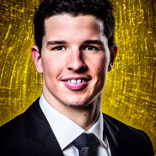 Prompt: “a portrait of Sidney Crosby in formal attire facing camera, 8K highly detailed yellow and black background”