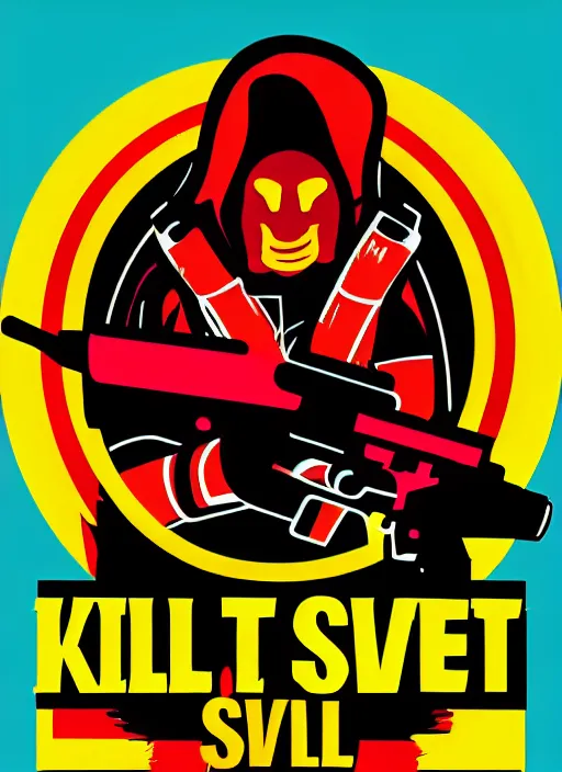 Image similar to kill to survive, shoot to kill logo. pop art, no duplicate image, glowing lights, highly detailed, digital painting, artstation, concept art, smooth, sharp focus, illustration, art by richard hamilton and mimmo rottela