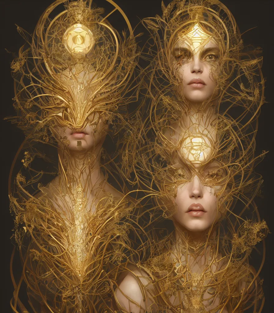 Prompt: symmetry!! the portrait of the absurdly beautiful woman, octane render, symmetrical face, maximalist details, fractal enviroment, small details in gold, particles, octane render 8 k, trending in cgsociety, a beautiful painting by gerald brom, peter mohrbacher, sophie anderson