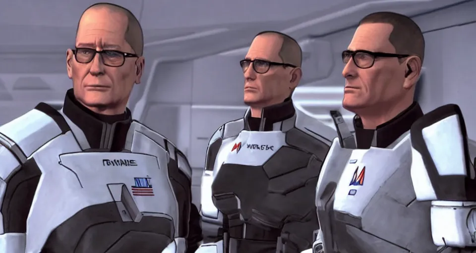 Prompt: hank hill as commander shepard within the ssv normandy in the videogame mass effect 2. mid - conversation portrait. cutscene. hd.